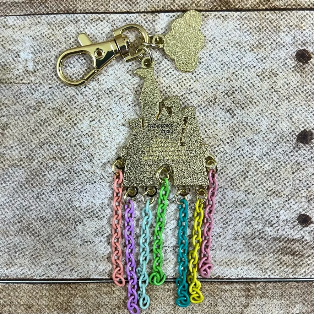 Disney Parks Home Castle Keychain White Enamel Rainbow‎ Dangle Chains Gold Tone